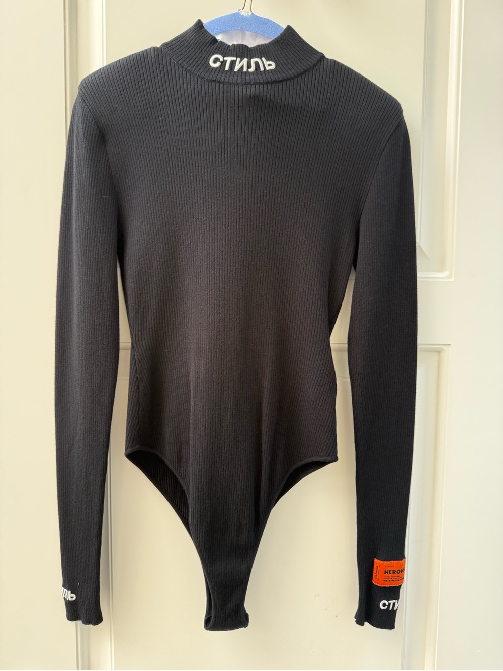 Heron Preston Black Ribbed Long-Sleeve Bodysuit with Neck and wrist Logo